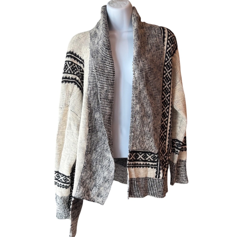 Chico's Tribal Print Open Cardigan‎ Sweater Cream Black Shawl Collar Size Large